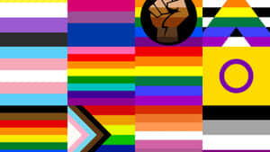 一個色彩繽紛的馬賽克，由LGBTQ+驕傲旗幟和象徵多元與包容的符號組成。 — 驕傲 GIF 壁紙