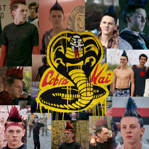 Cobra Kai 標誌被莫霍克髮型的年輕男子包圍。 — Netflix GIF 壁紙