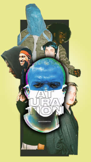 年輕男性的拼貼畫，帶有彩色故障效果和 Brockhampton 的 'ATURATI ON' 文字。