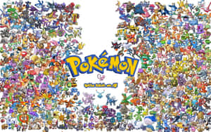 圍繞官方標誌和口號的色彩繽紛的 Pokémon 角色收藏。 — 可愛寵物小精靈 壁紙