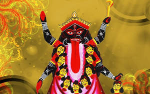印度教女神杜爾迦（Durga）多臂多面的彩色插圖。 — 黃色 壁紙