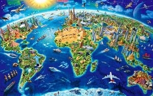 色彩繽紛的插圖世界地圖，包含著名地標、動物和船隻。 — 世界地圖 壁紙