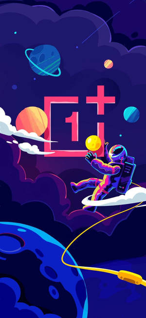 太空人在太空中手持發光球體，靠近一個巨大的OnePlus標誌，周圍有色彩繽紛的行星和雲朵。 — 插畫 壁紙