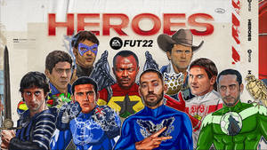 足球員穿著超級英雄服裝，帶有「Heroes FIFA 22」品牌標誌。 — 蝙蝠俠標誌 壁紙