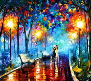 情侶在夜間雨中的公園撐傘行走，色彩繽紛的倒影。 — 風景動圖 壁紙