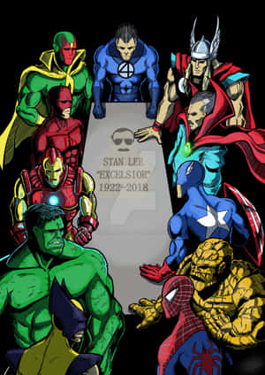 Marvel超級英雄圍繞著紀念Stan Lee的墓碑，上面寫著「Excelsior」一詞。 — Brandon lee GIF 壁紙