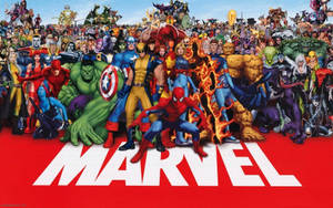 Marvel超級英雄和反派一起在紅地毯上擺姿勢，帶有MARVEL標誌。 — 復仇者聯盟 壁紙