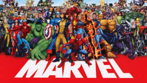 一大群Marvel超級英雄和反派在紅色背景上與MARVEL標誌一起擺姿勢。 — 超級英雄 壁紙