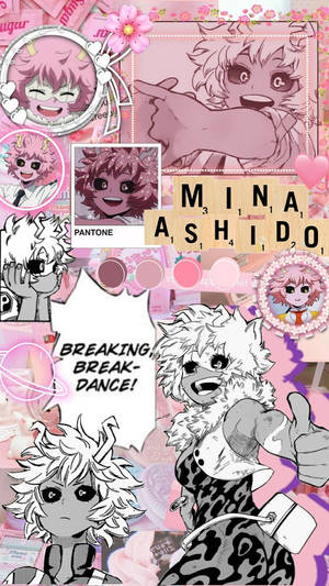 動漫角色 Mina Ashido 拼貼畫，粉紅色主題，多種表情。 — 粉紅動漫美學 壁紙