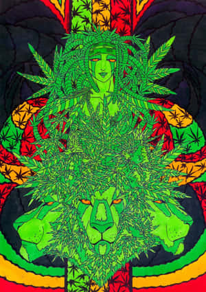 綠色獅頭人物，帶有大麻葉，採用拉斯塔法里顏色。 — 食草 壁紙