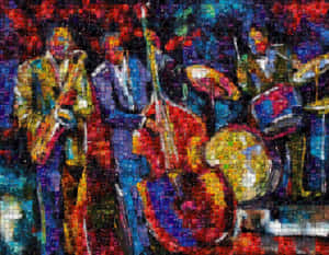 一幅色彩繽紛的馬賽克藝術作品，描繪了一個演奏樂器的爵士樂隊。 — 音樂美學 壁紙