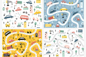 色彩繽紛的插圖道路，配有汽車、樹木和建築物，呈現玩味圖案。 — Surface Laptop 壁紙