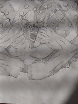 一幅鉛筆畫，描繪一個長有角和觸手的怪物生物。 — 日本龍動畫 壁紙