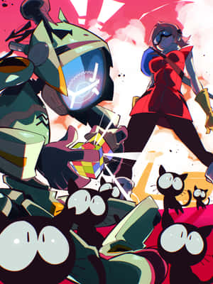 動漫風格的機械人和女孩與魔術方塊搏鬥，周圍有黑貓。 — Galaxy Z TriFold 壁紙