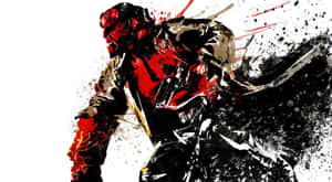 Hellboy 以動態顏料飛濺風格插圖呈現，紅色和黑色在白色背景上。 — 超級英雄 壁紙