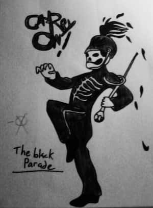 骷髏樂隊成員手持權杖，上面有「Carry On!」和「The Black Parade」字樣。 — 音樂美學 壁紙