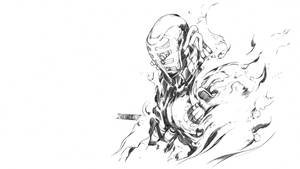 黑白線條藝術中持劍戴面具的武士動作場景。 — 黑白 壁紙
