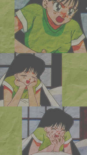 穿著綠色襯衫的動漫少女在拼貼畫中展示震驚和痛苦的表情。 — 美少女戰士 壁紙