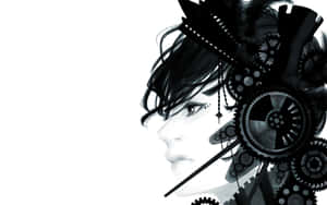 動漫女孩側面，帶有蒸氣龐克齒輪和羽毛，黑白風格。 — 蒸氣龐克 壁紙