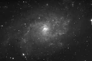 一個詳細的黑白視圖，顯示了一個充滿恆星和宇宙塵埃的螺旋星系。 — MacBook Air 15 壁紙