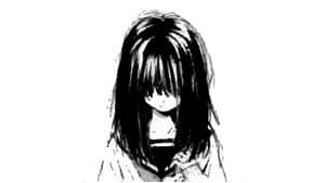女孩以長長黑髮遮蓋臉龐，呈現素描風格。 — 靚靚動畫 壁紙