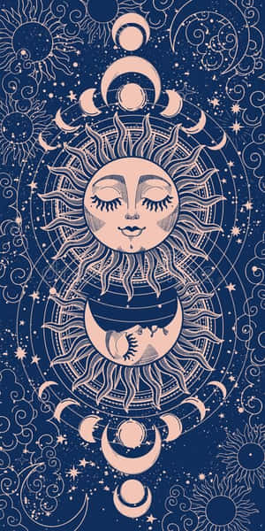 藍色背景上帶有太陽、月亮、星星和宇宙漩渦的天體藝術品 — 太陽與月亮 壁紙