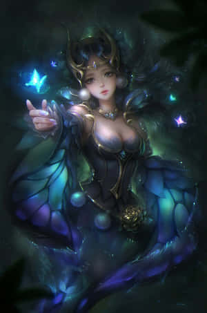 在黑暗森林中施法的發光蝴蝶翅膀仙子。