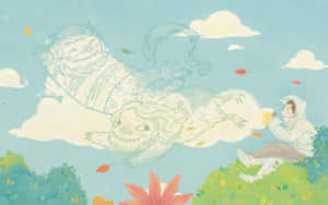 孩子在奇妙的天空場景中向友好的雲怪物吹送秋葉。 — 桌面美學 壁紙