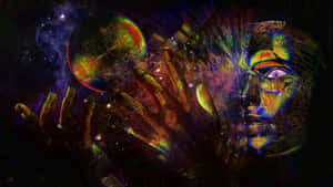 在繁星點點的宇宙場景中，一張發光的臉和一雙手伸向一顆行星。 — Astroworld GIF 壁紙