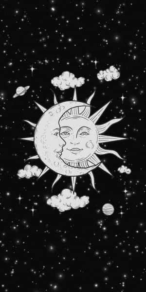 太陽和月亮的面孔在佈滿星星、雲朵和行星的天空中擁抱。 — 太陽與月亮 壁紙