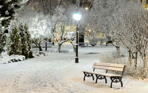 夜晚街燈照亮積雪的公園長椅。 — 冬天桌面 壁紙