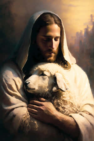 耶穌在溫暖的金色光芒下溫柔地擁抱一隻羔羊。 — 耶穌基督 壁紙