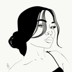 一幅風格化的黑白線條畫，描繪一位半邊臉處於陰影中的女性。 — iPad Pro 11 壁紙