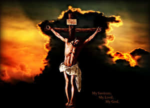 耶穌在十字架上，伴隨火焰般的雲彩和文字 My Saviour My Lord My God — 耶穌基督 壁紙