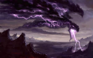 紫色閃電劃過暴風雨天空中的鋸齒狀山脈。 — 淺紫色動態圖片 壁紙