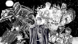 一位漫畫戰士在繁星夜空下被怪物般的敵人包圍，依然堅定站立。 — 漫畫分鏡gif 壁紙