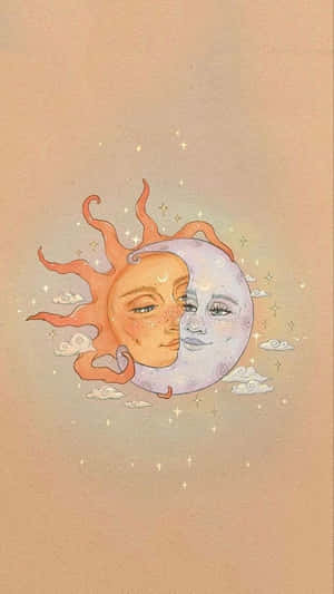 太陽和月亮帶有人類面孔，在星星和雲朵中分享溫柔時刻。 — 太陽與月亮 壁紙
