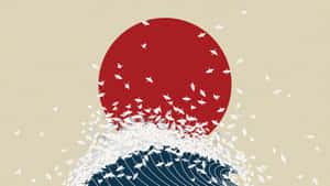 紅色太陽和藍色波浪，白色摺紙鶴飛翔