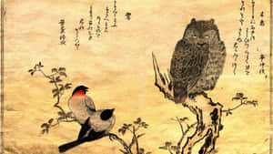 貓頭鷹和兩隻鳥在樹枝上，以傳統日本水墨畫風格呈現。 — 風景動圖 壁紙