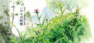 水彩畫，描繪野花和綠植，樹上有日文字元。 — 超寬螢幕 壁紙