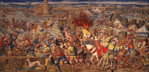 中世紀騎士和士兵在混亂的戰鬥場景中戰鬥，背景有燃燒的帳篷和設防城鎮。 — 美學拼貼 壁紙