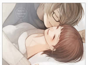 一個戴眼鏡的男孩在溫柔的時刻輕吻一個微笑女孩的額頭。 — 東京喰種角色 壁紙