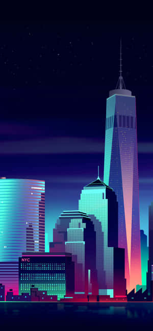 夜晚霓虹燈照亮紐約市天際線，摩天大樓閃耀，星空璀璨。