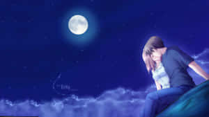 動漫女孩坐在滿月下的懸崖上，有星星和雲朵 — 愛就是愛 壁紙