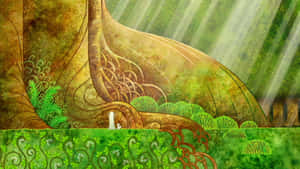 在奇幻森林中，一棵巨樹在金色陽光下，擁有詳細的樹根和蕨類植物。 — 月亮美學 壁紙
