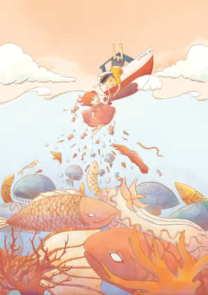 孩子們在船上飛越雲層，下方有魚類和海洋生物。 — 吉卜力 壁紙