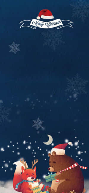戴聖誕帽的熊和狐狸在雪夜天空下與彎月分享禮物。 — 聖誕節 iPhone 壁紙