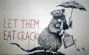 穿著西裝的老鼠拿著雨傘和公事包，牆上有紅色文字 'LET THEM EAT CRACK'。 — 倫敦 壁紙