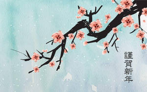 櫻花枝條上粉紅色的花朵和日本新年文字，背景是雪白的藍色。 — 平板電腦 壁紙