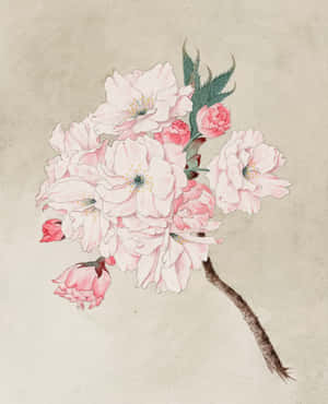 一幅水彩畫，描繪了帶有綠色葉子的樹枝上的粉紅色櫻花。 — Apple Watch Ultra 壁紙